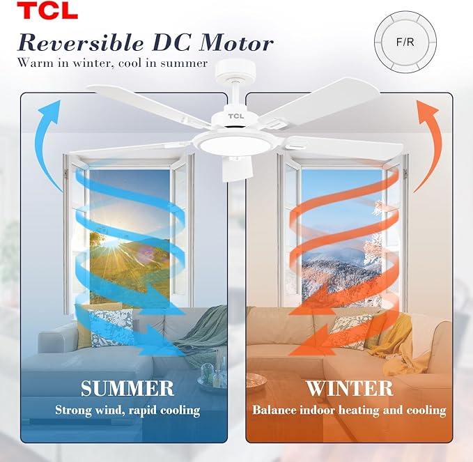 TCL Ceiling Fans with Lights, 52 Inch Ceiling Fan with Light and Remote Control, Reversible DC Motor, Noiseless, Dimmable 36W LED, Modern Ceiling Fan for Bedroom Living Room (White)