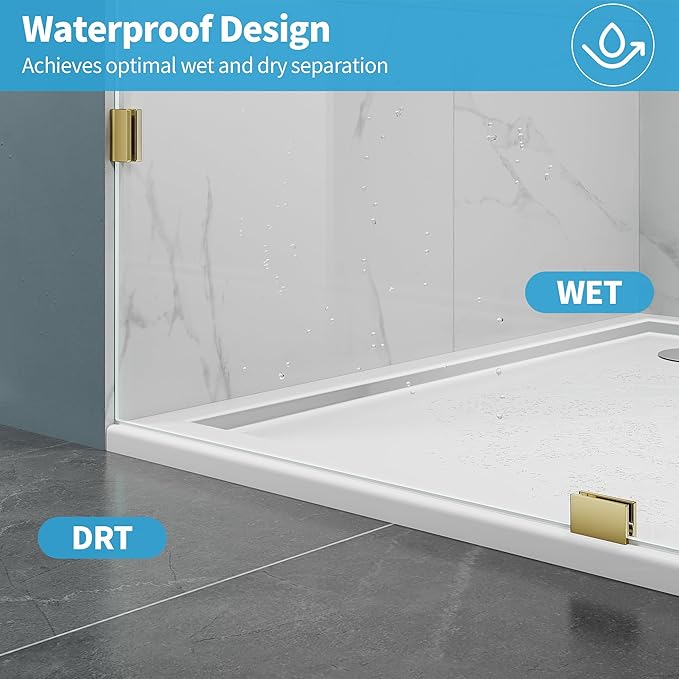 Shower Glass Panel, 34" W x 78.75" H Fixed Shower Screen Panel with 3/8"(10mm) SGCC Clear Tempered Glass, Frameless Walk in Shower Door for Bathroom (Bright Gold, 34" W x 78.75" H)