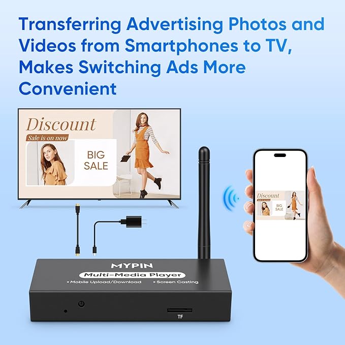 Advertising Media Player USB Video Player for Digital Signage or TV, Wireless Display Adapter with Screen Mirroring, Screen Rotation, Photo Share Function, Looping and Auto Playback& Easy Setup