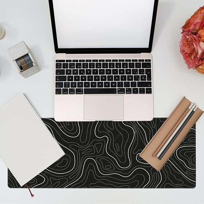 Eflxamz Desk Mat,Black Topographic Contour Map Desk Pad,Topographic Contour Large Gaming Mouse Pad for Desk,Extended Big Computer Keyboard Mouse Pad with Non-Slip Base and Stitched Edge,31.5"x11.8"