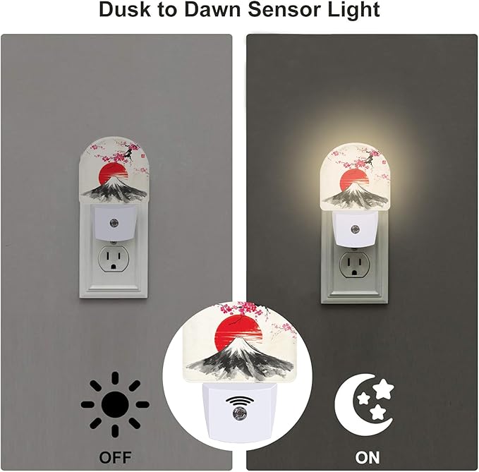 sndheke Cherry Blossoms Sun and Mountain Night Light Plug into Wall, Watercolor Ink Painting Dusk to Dawn Night Light,0.5w Energy Saving Friendly Nightlights for Kids Boys Girls Home