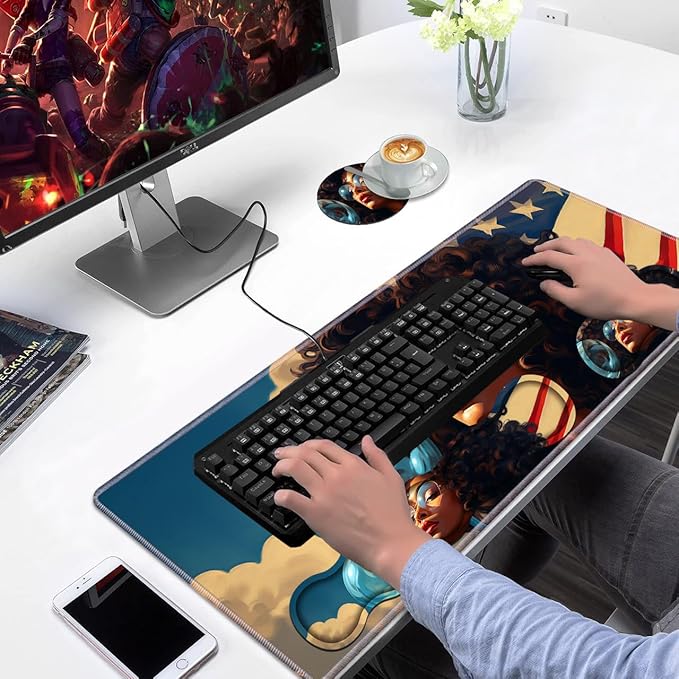 Ergonomic Keyboard Wrist Rest & Mouse Pad Wrist Rest Set, Large XXL Gaming Desk Mat 31.5"x 11.8" with Non-Slip Base, Memory Foam, Easy Typing Pain Relief for Home & Office, African American Girl