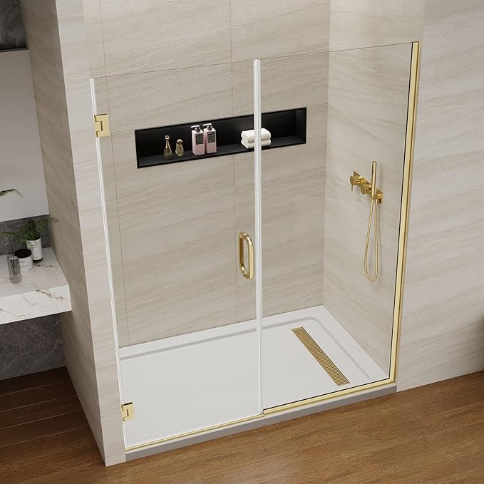Pivot Swing Shower Door, Adjustable Width 58.9-60" W x 74" H Semi-Frameless Shower Glass Door with 5/16 in (8mm) Clear SGCC Tempered Glass with Nano Easy-Clean Coating (Brushed Gold)