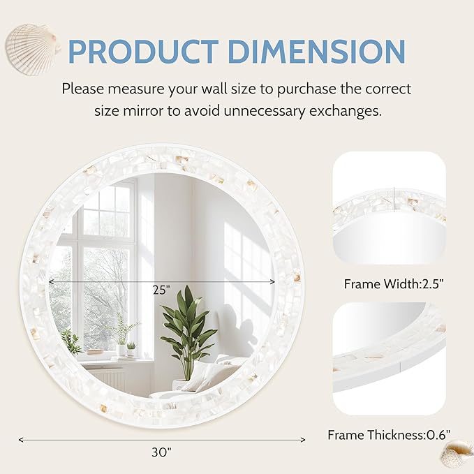 Tanmicoshomy Round Wall Mirror 30 Inch, Natural Shell Framed Circle Mirrors with Tempered Glass for Coastal Bathroom Bedroom Living Room or Entrayway