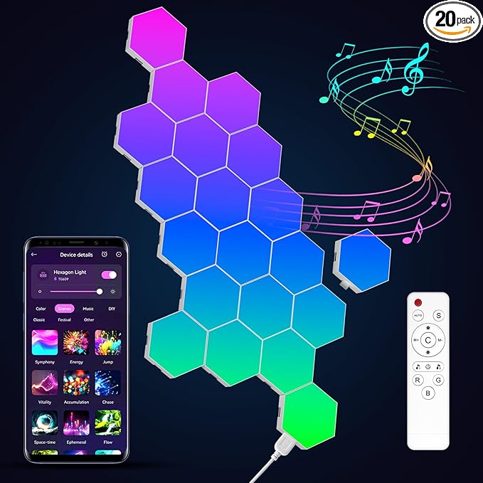 JIMIMORO 20-Pack Hexagon Light Panels – Smart RGB LED Wall Lights with App & Remote – Music Sync Gaming Lights for Gamers, Game Room Decor, Gaming Equipment, Living Room, Bedroom, Kids & Adults