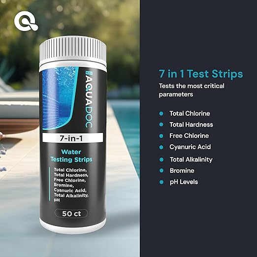 AquaDoc 7-in-1 Spa & Hot Tub Test Strips - 50 Pool Test Strips for pH, Chlorine, Hardness, Bromine, Cyanuric Acid, Alkalinity