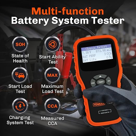 YOWEXA YW-781 Car Battery Tester 12V 24V, Automotive Battery Load Tester and Alternator Analyzer, 100–2000 CCA, 30–200Ah Battery Analyzer for Cars Trucks SUVs RVs Golf Carts