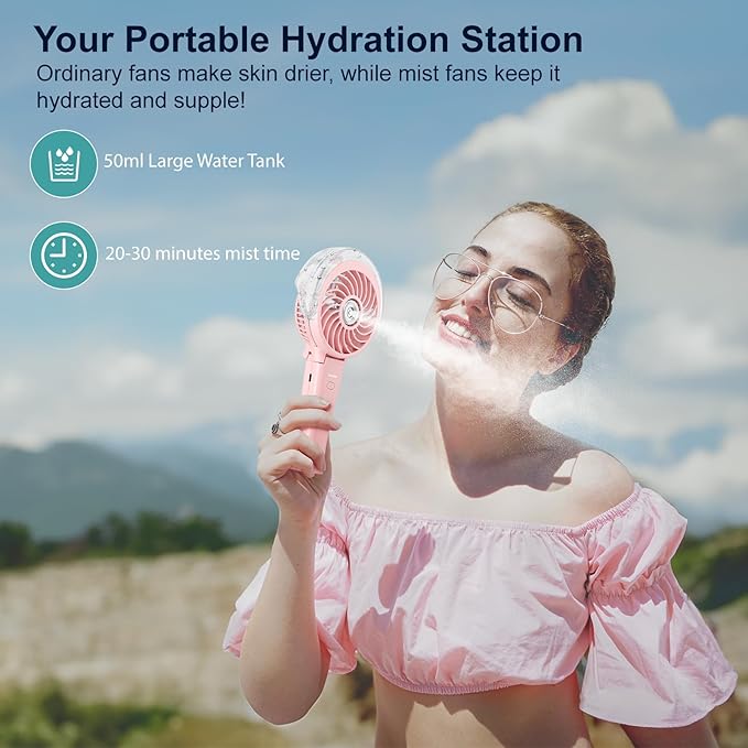 HandFan 4000mAh Handheld Misting Fan, 50ml Water Tank, Rechargeable Personal Mister Fan Portable AC, Spray Water Mist Fans, Foldable Cooling Ice Fans for Beach Travel Outdoors(Pink)