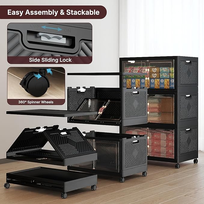 Extra Large Stackable Storage Bins with Lids & Wheels, 165QT-55QT/14GAL*3Pack Foldable Collapsible Closet Organizers Dark Storage Cabinet with Doors for Bedroom Dorm