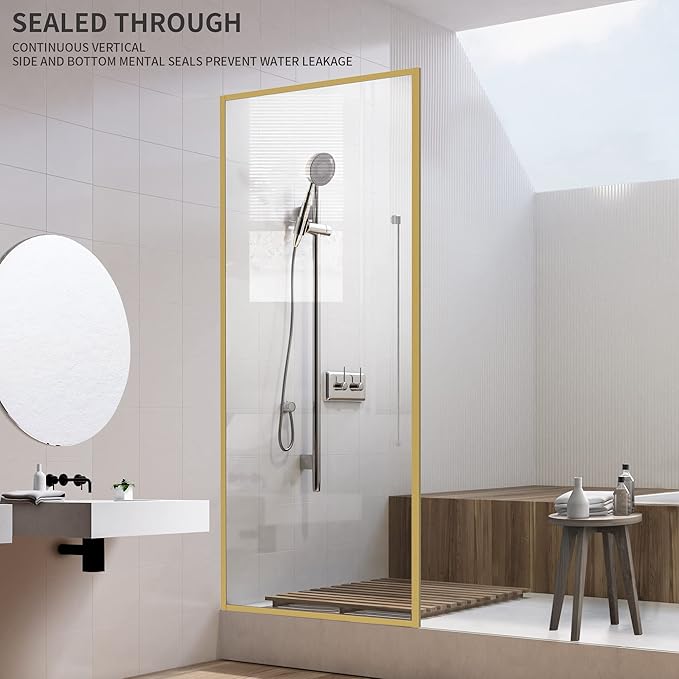 Bathroom Fixed Glass Shower Wall Panels, 34 in W x 74 in H Framed Tempered Shower Glass Panel for Open Walk-in Bathroom and Bathtub, Clear Glass Shower Panel with Matte Brushed Gold Finish