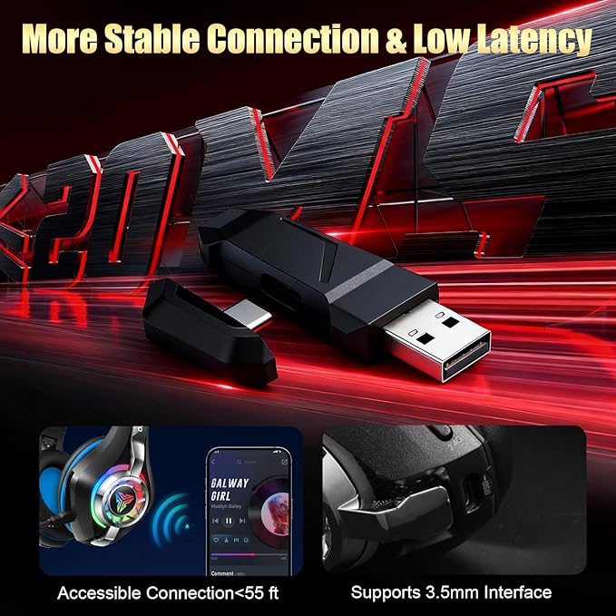 Ordtop 2.4GHz Wireless Gaming Headsets for PS5/PS4/Switch, 2026 RGB Noise Cancelling Over-Ear Headphones with 7.1 Surround Sound, 40mm Drivers, 276g Ultraligero, Memory Foam, 45H Gaming Headphones