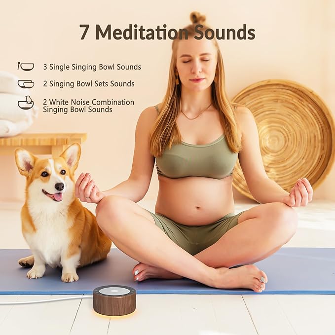 Tibetan Meditation Singing Bowl Machine - 7 Singing Bowls Sounds, Crystal Healing, Chakra Healing, Mindfulness and Stress Relief Timer and Memory Features for Women/Men