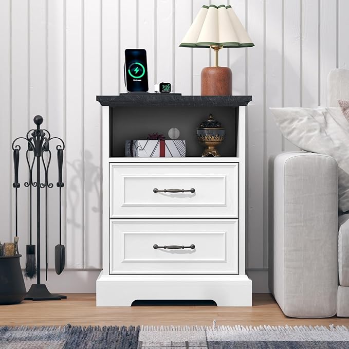 Nightstand with Charging Station Set of 2,18" Wide End Table with 2 Drawers & Metal Handles,Rustic Farmhouse Wood Small Dresser,Bedside Table,Modern Chest of Drawers for Bedroom,Living Room, Off White