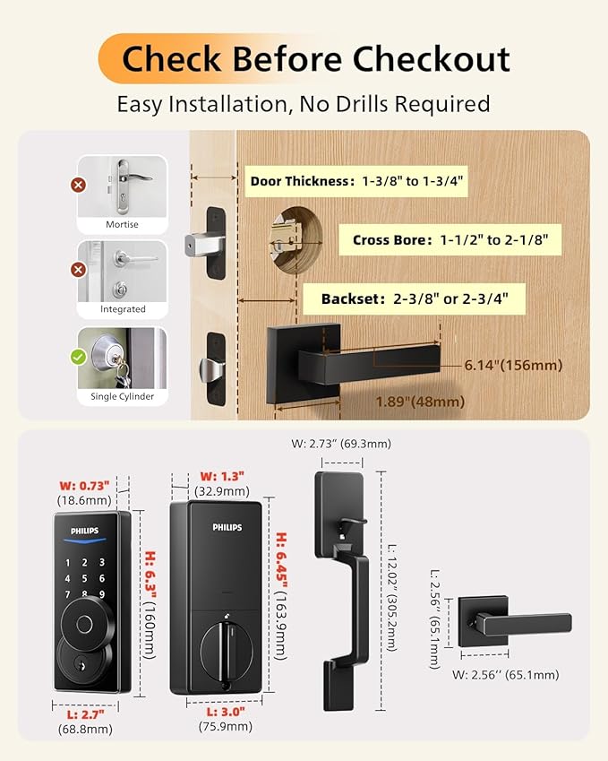Philips WiFi Smart Lock with Front Door Handle Set, Built-in WiFi, APP Remote & Voice Control, Fingerprint Keyless Entry Door Lock, Keypad Deadbolt Smart Locks for Front Door, Auto-Lock, Backup 2 Keys