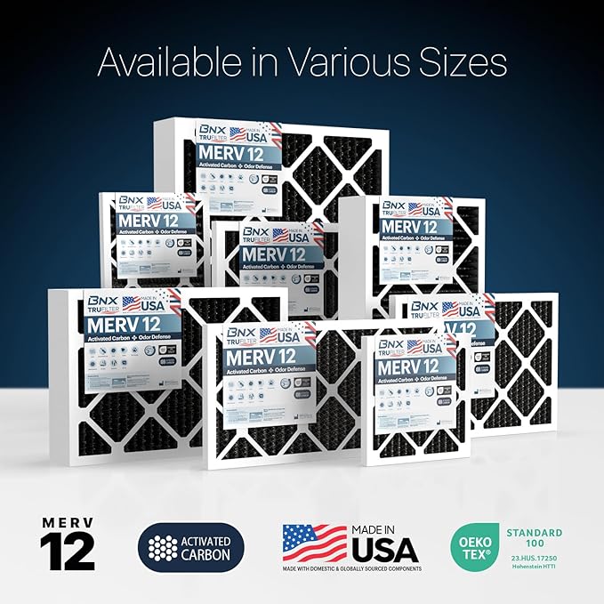 BNX TruFilter 20x20x1 MERV 12 Odor Defense (6-Pack) AC Furnace Air Filter with Activated Carbon - MADE IN USA - Pleated Air Conditioner HVAC AC Furnace Filters - Removes Odor, Mold, Bacteria, Smoke