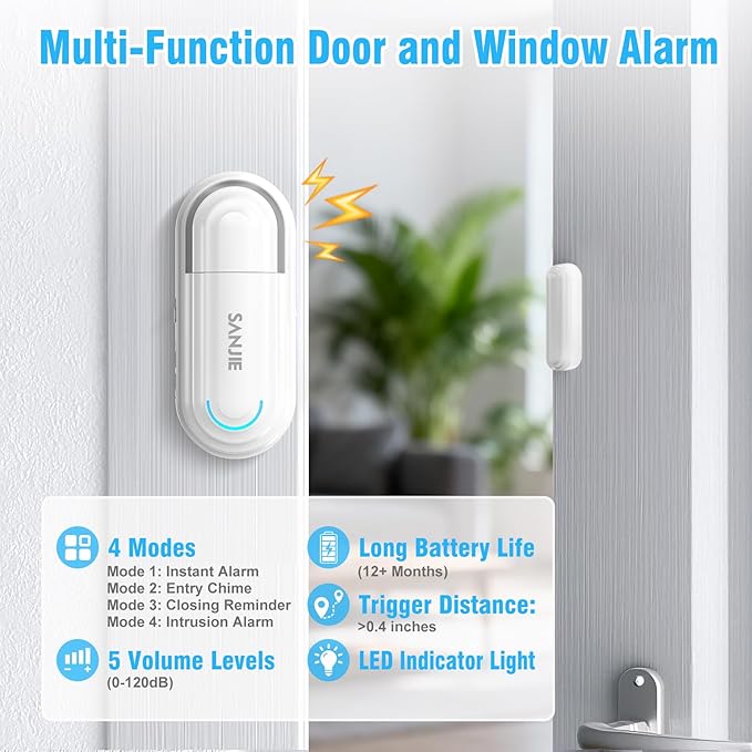 Sanjie Pool Door Alarms for Kids Safety/Home Security/Dementia,Wireless Door Alarms When Opened,Window Alarm sensors,0-120dB Volume Adjustable,4 Working Modes,2 Sensors 1 Remote Control