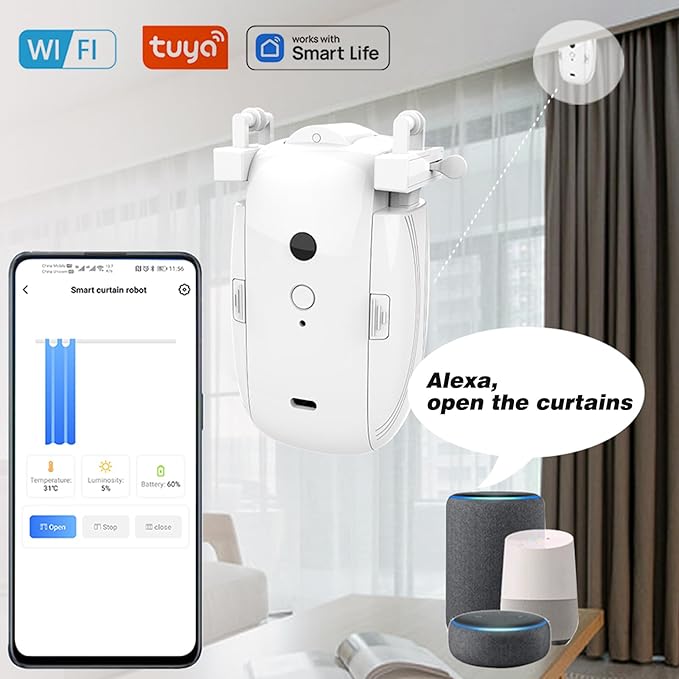 Smart Automatic Curtain Opener - Remote Controled by App/Timer/Voice,Upgraded High-Performance Motor, Automatic Light Sensor, Add Gateways,For Google Alexa,No Remote (Only for T/U track)