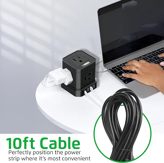 Cube Power Strips with Surge Protection, 10ft Extension Cord with Multiple Outlets, 5 AC Plugs, 3 USB, 1 Usbc Fast Charging Power Strip with USB Ports, Mountable On/Off Switch Charging Station