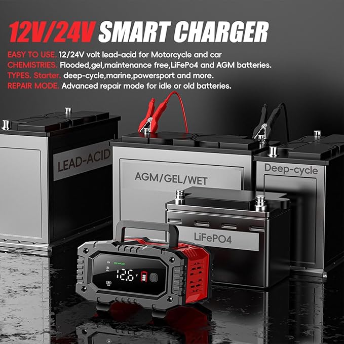 Car Battery Charger 20Amp, 12V 24V LiFePO4 Lead Acid Automatic Smart Battery Maintainer,Trickle Charger Automotive & Desulfator, Repair & Winter Mode w/Protections For AGM STD Gel Deep Cycle Batteries
