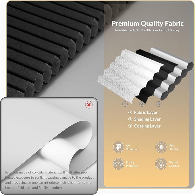 Boolegon No Drill Motorized Cellular Blinds with Remote Motorized Blackout Honeycomb Blinds for Indoor Windows Easy to Install Automatic Cellular Shades for Home,Light Filtering Black,Custom Size