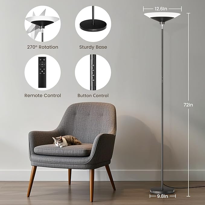 SIBRILLE RGB Torchiere Floor Lamp - 30W Dimmable LED Standing Lamp with Remote, Multi Color Changing, 72in Tall Corner Light, Bright Standing Pole Light for Office Living Room Bedroom Basement, Black