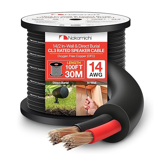 Nakamichi 14/2 (100-Foot) in-Wall & Direct Burial (UL CL2 CL3 Rated) Oxygen-Free Copper (OFC) 2-Conductor Speaker Cable Wire, Outdoor In-Ground, in-Ceiling, Riser, Black (14AWG / 100ft / 30.48m)