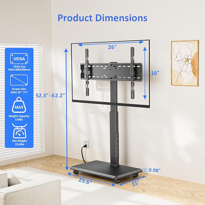 Afaloona Rolling TV Stand with Power Outlet, Mobile TV Stand for 32-75 Inch TVs up to 110 lbs, 30° Swivel TV Floor Stand, 18 Adjustable Heights, TV Cart on Wheels for Bedroom, Office, Outdoor, Black