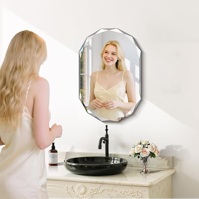 GLASHOM Beveled Edge Frameless Bathroom Mirror, Oval Wall Mirror for Over Sink, 16" x 24" Modern Decorative Vanity Mirror for Bedroom, Living Room, Entryway, Hanging Mirror Horizontal or Vertical