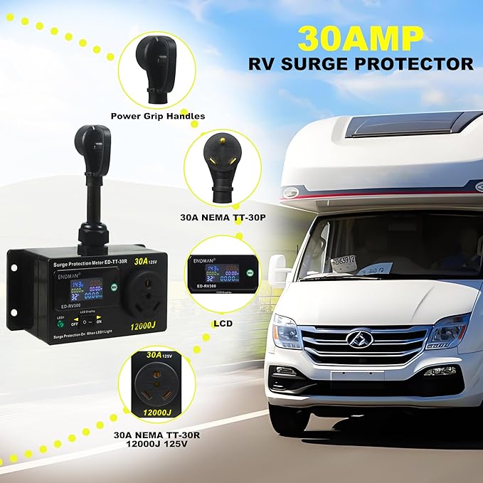 ENDMAN RV 30 Amp Surge Protector with Power Meter (kWh) - 12,000 Joules High Surge Guard - Real-Time Voltage & Amp Monitor for Travel Trailers (NEMA TT-30P)