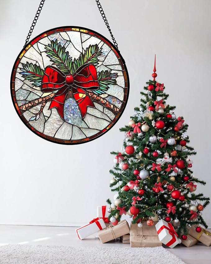 DASTOLL Stained Glass Window Hanging - Pine Branches Red Bow Suncatcher for Doors Home Christmas Decoration Silver Sun Catcher Thanksgiving New Year Birthday Gifts for Women Men Mom Nana 9.8 in