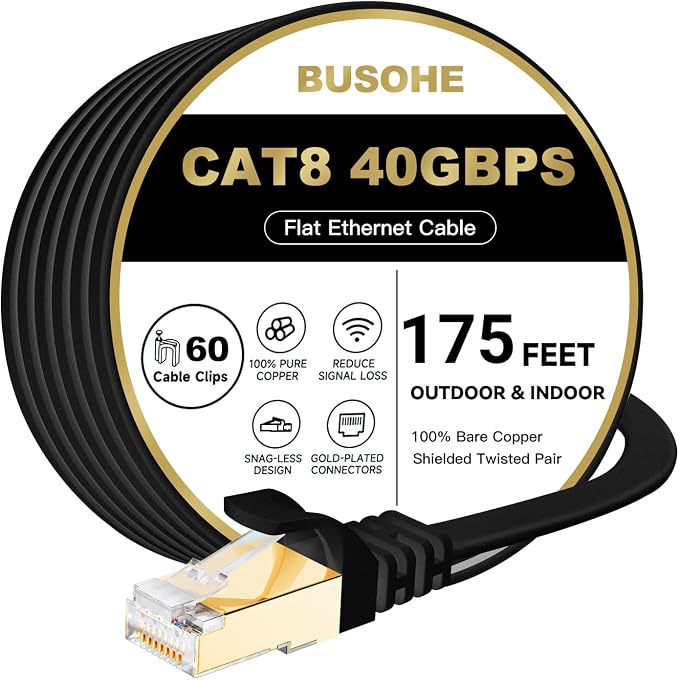 BUSOHE Cat 8 Ethernet Cable 175 FT, 40Gbps 2000MHz Cat8 High Speed Flat by BUSOHE