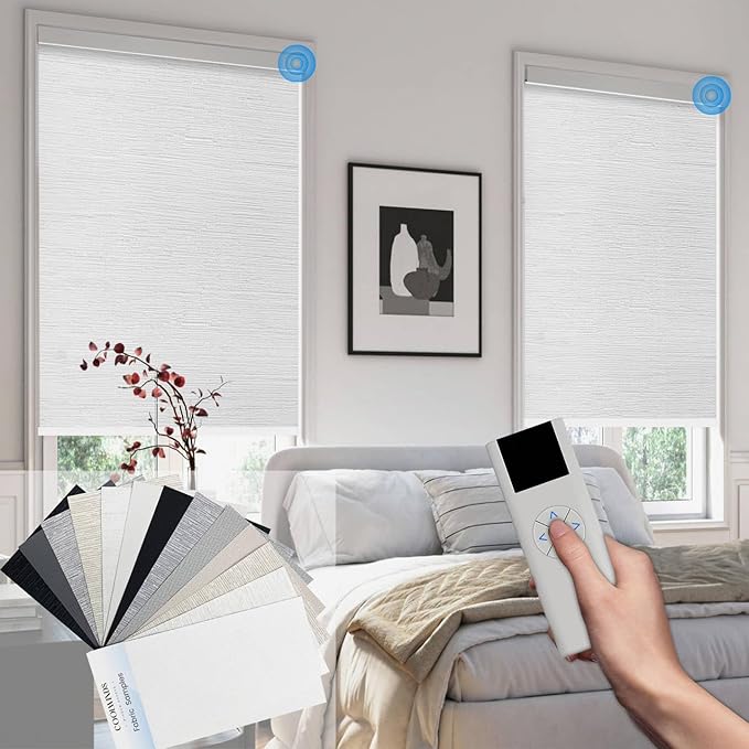 COOLWINDS Motorized Blinds with Remote Cordless Automatic Motorized Shades Custom Blinds for Windows Smart Curtains Compatible with Alexa Google Home(,Fabric Samples)