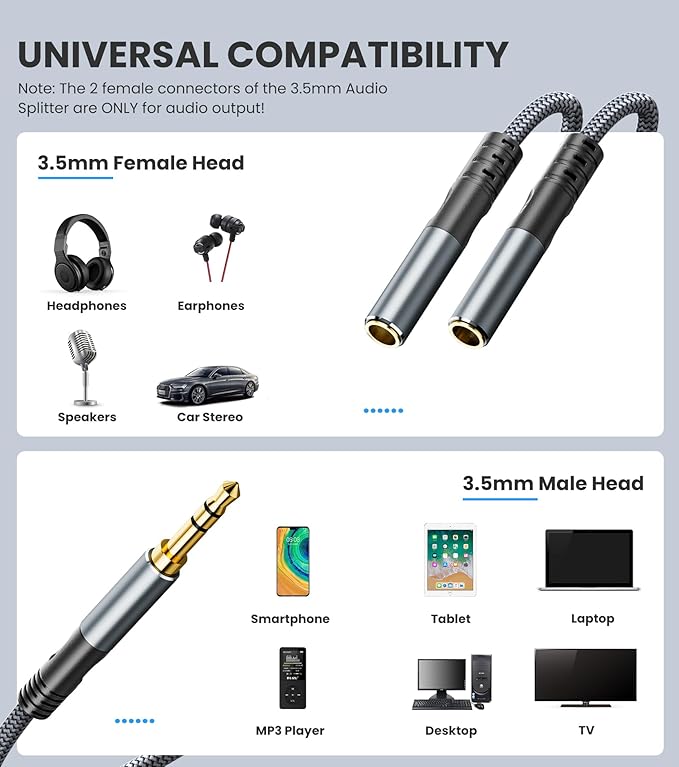 JOMLEY Headphone Splitter 1ft(0.3m), Audio Splitter 3.5mm 1 Male to 2 Female Adapter, Nylon-Braided 3.5mm Dual Headphone Jack Extension Cable for Headset, Smartphone, Tablet, Laptop