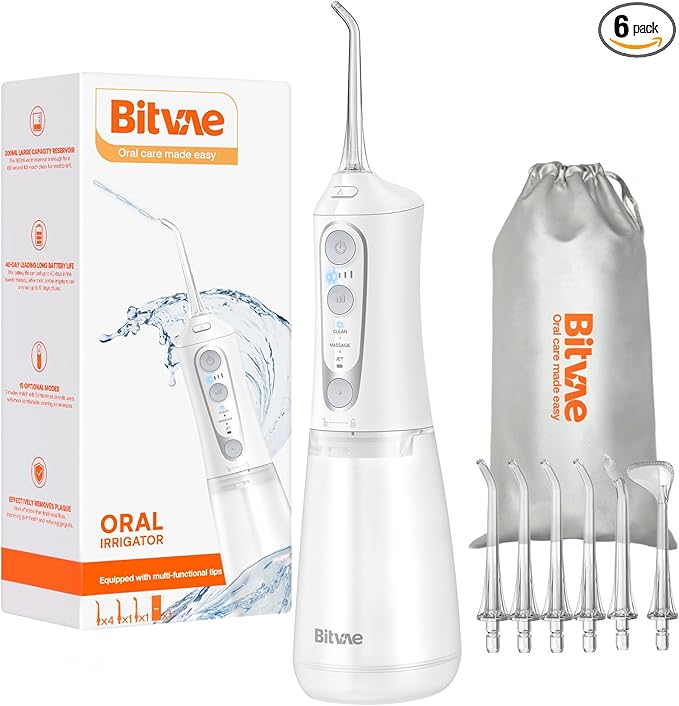 Bitvae Water Dental Flosser Teeth Pick, Cordless Flosser for Travel with 6 Jet Tips, 3 Modes 5 intensities, IPX7 Waterproof Portable & Rechargeable Oral Irrigator Cleaner, White