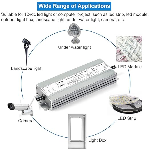 LLTOP LED Driver 60 Watts Waterproof IP67 Power Supply AC100-264V to 12V DC 5A Low Voltage Transformer Ultra Thin Adapter for Outdoor LED Lights, Computer Project