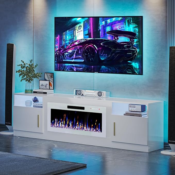 VITESSE TV Stand Fireplace with 36" inch Electric Fireplace Up to 90" TVs, LED Light Entertainment Center, 80" Modern Wood High Gloss with Highlight Storage Cabinet for Living Room (White)