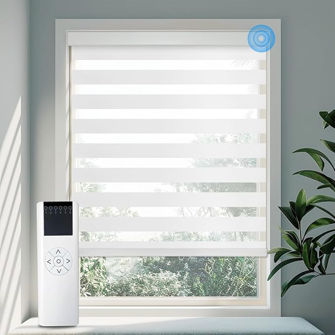 COOLWINDS Motorized Zebra Blinds for Windows Cordless Electric Curtains with Remote Control Blackout Shades Custom Smart Blinds Compatible with Alexa Google Home(Light Filtering White,W30 X 72in)