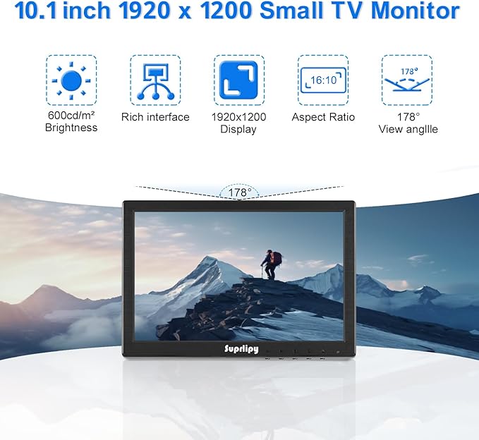Suprlipy 10 inch FHD Small IPS Monitor LCD Display Screen 1920x1200 60Hz 16:10 with BNC VGA AV Input Built-in Lounspeakers for CCTV Security Camera DVR PC STB Game Console