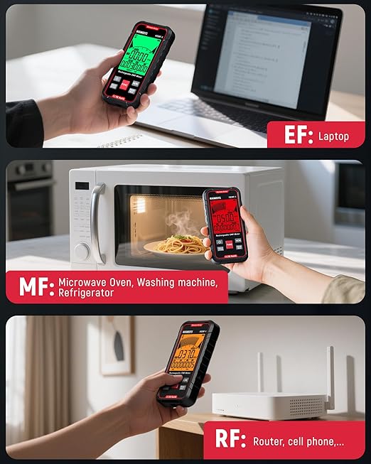 KAIWEETS EMF Detector, 3-in-1 Handheld EMF Meter Detects EF, RF, MF, WiFi Signal, Rechargeable Radiation Detector with 3 Color Backlight and Sound Alarm, Suitable for Home, Office, Ghost Hunting