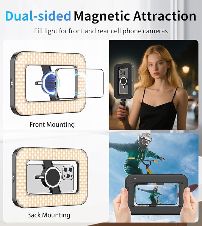 Magnetic 6000mAh RGB Selfie Ring Light for iPhone,448 LED Rechargeable Phone Light with Mini Tripod Stand, Double-Sided Magnet Handheld Stabilizer with Light for Magsafe/Phones/Video Recording/Photos