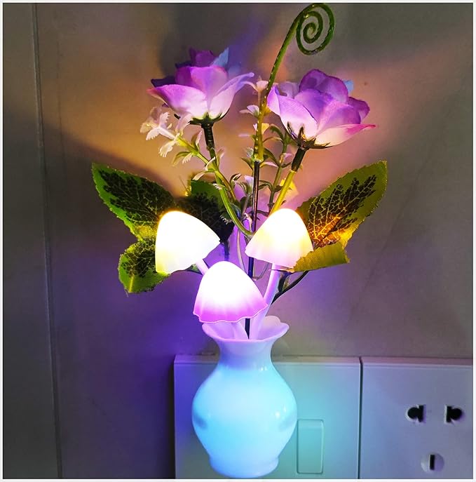 AUSAYE 3Pack Sensor Night Lights Plug into Wall Rose Flower Light, Led Lamp Dream Nightlight Mushroom Night Lights for Kids Adults Room,Bathroom,Kitchen,Hallway