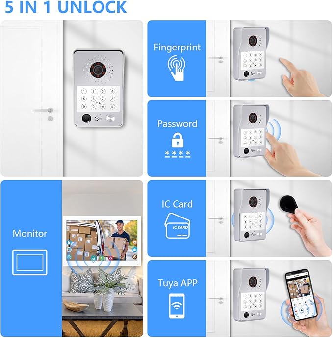 Wired Video Door Phone Apartment Intercom System,7 Inch Touch Monitor with 1080P HD Camera Doorbell,Supporting 5 in 1 Unlocking,Minitoring Motion Detecting for Home Villa,Tuya (1 doorbell + 1 monitor)