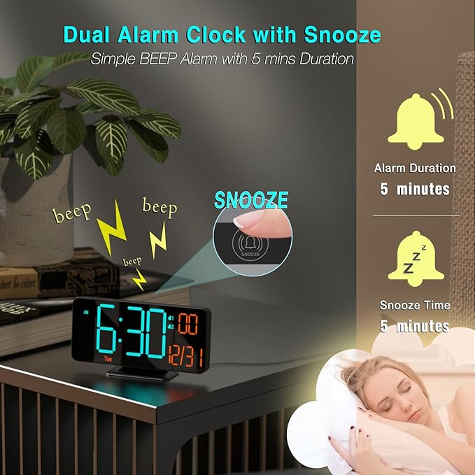KOSUMOSU Alarm Clocks for Bedrooms, 6.7" Black Small Digital Clock LED, Desk Alarm Clock with Auto Dimming,Seconds, Day of Week, Indoor Temperature,Clocks for Living Room