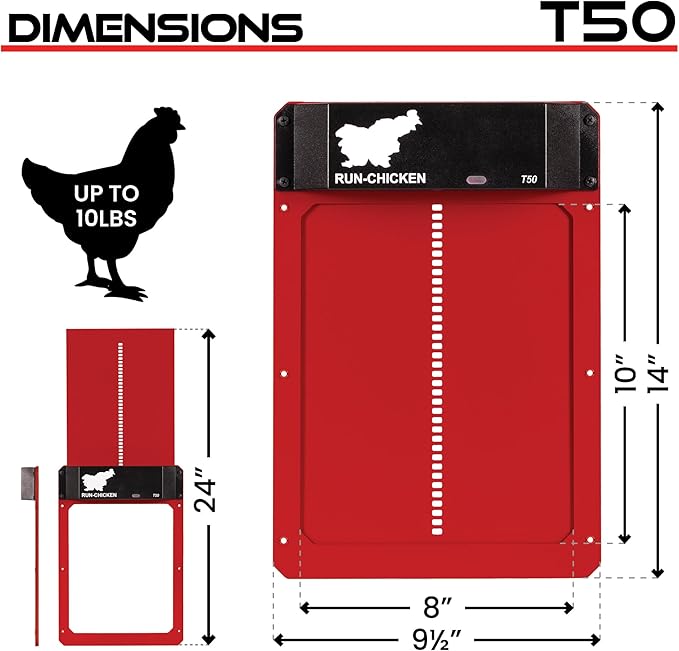 Run-Chicken Door T50 – Automatic Chicken Coop Door Opener, Battery Powered & Weatherproof Aluminum, Smart App & Timer Control, Predator Proof, Easy Install, Reliable All-Season Performance (Red)