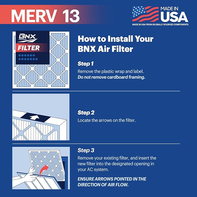BNX TruFilter 16x16x1 Air Filter MERV 13 (6-Pack) - MADE IN USA - Electrostatic Pleated Air Conditioner HVAC AC Furnace Filters for Allergies, Pollen, Mold, Bacteria, Smoke, Allergen, MPR 1900 FPR 10