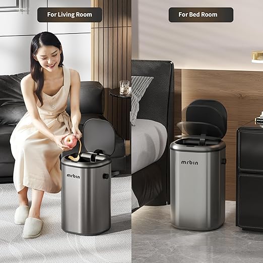 MRBIN Stainless Steel Motion Sensor Tall Bathroom Trash Can with Lid, 5 Gallon Automatic Kitchen Garbage Pail, Electric Covered Silver Metal Waste Basket for Bedroom, Rv, Restroom, Eclipse Grey