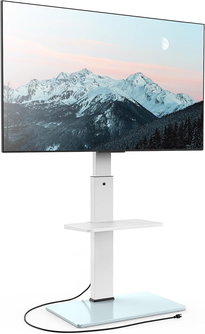 FITUEYES Floor TV Stand for 32-75 inch TV with Power Outlet, Tall TV Stand for Bedroom Living Room with Tempered Glass Base, Floor TV Mount Holds Up to 88lbs MAX VESA 600x400mm,White