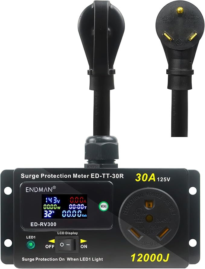 ENDMAN RV 30 Amp Surge Protector with Power Meter (kWh) - 12,000 Joules High Surge Guard - Real-Time Voltage & Amp Monitor for Travel Trailers (NEMA TT-30P)