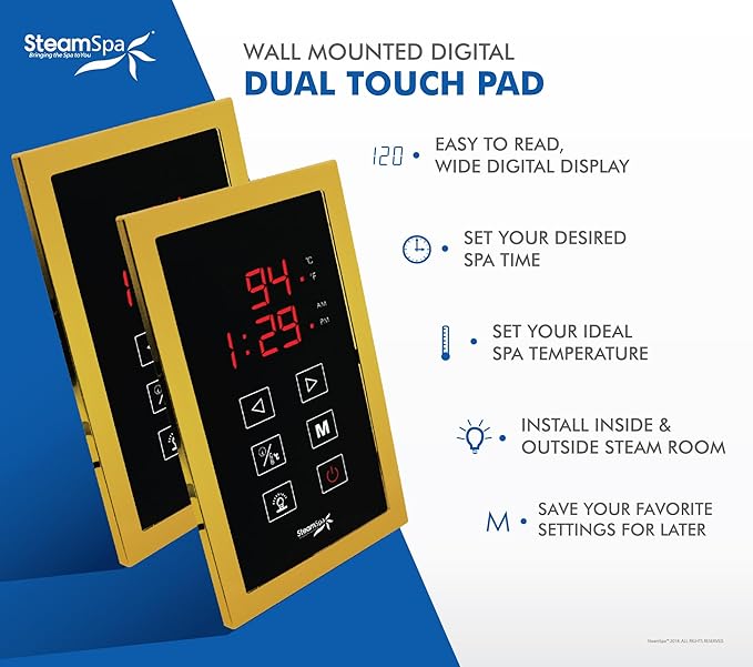 SteamSpa 10.5 kWSteam Generator QuickStart ACU-Steam Bath Generator Package with Built-in Auto Drain and Install Kit in Gold, Steam Generator Kit with Dual Control Panel Steamhead 240V (EXT1050GD-A