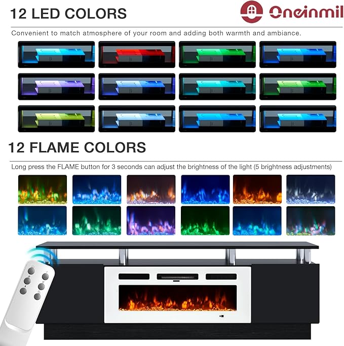 oneinmil Fireplace TV Stand with 36” Electric Fireplace, 70” 2 Tier TV Console Stand for TVs Up to 80", LED Light Entertainment Center, Fireplace for The Living Room TV Stand, Black